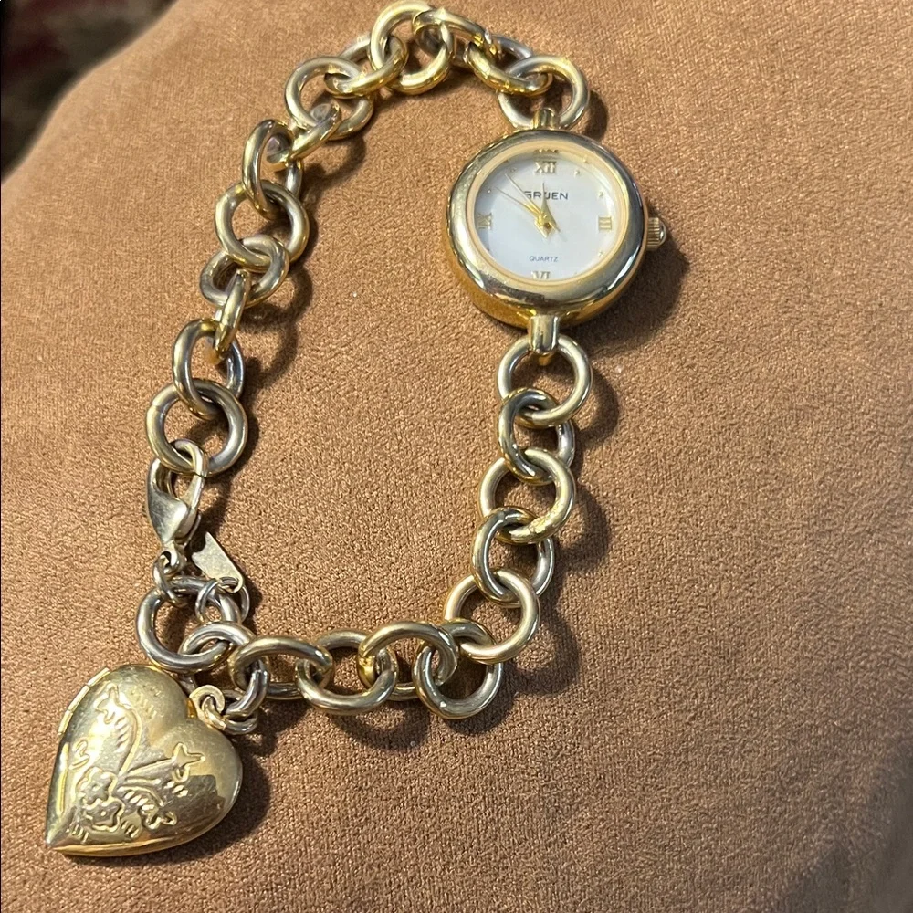 Gold-Tone Charm Bracelet Watch with Heart Locket